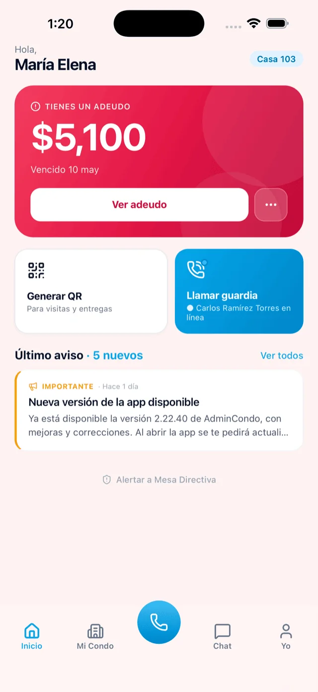 Inicio de la app del residente de AdminCondo